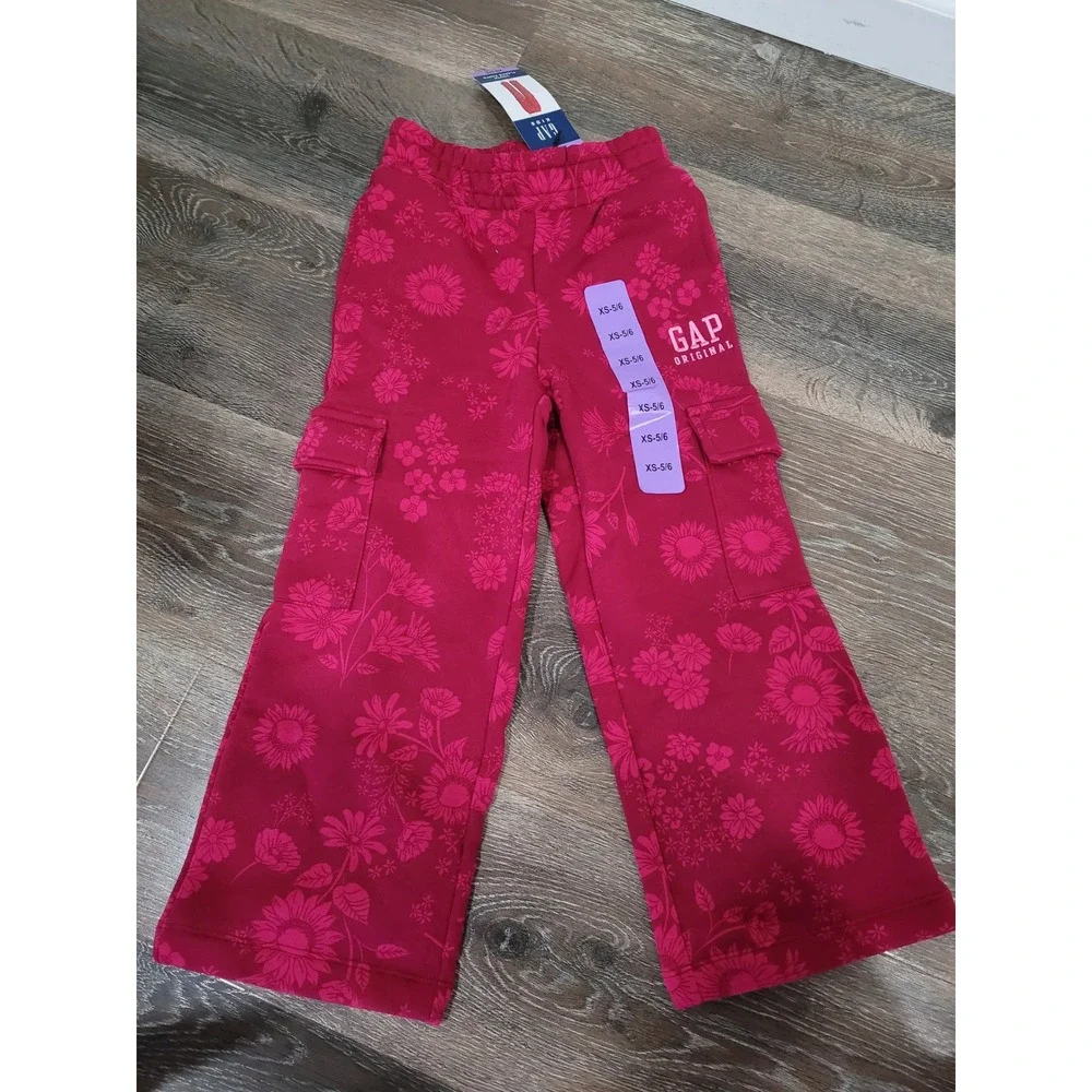 GAP Girls Original Fleece Pants Burgundy Floral Print XS 5/6 Cargo Joggers #8